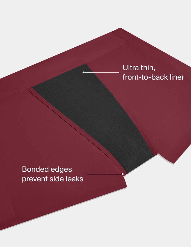 On image text: Ultra thin, front-to-back liner. Bonded edges prevent side leaks.