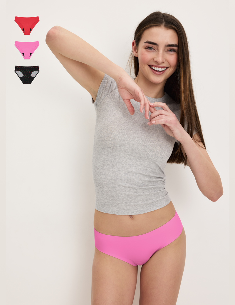 Front view of model wearing the Teen Super Leakproof® No-Show Bikini highlighting the coverage and smooth fit