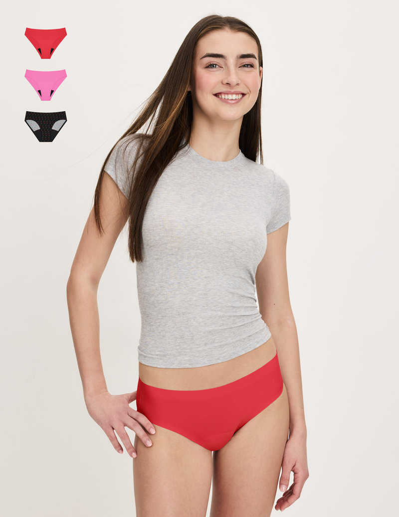 Front view of model wearing the Teen Super Leakproof® No-Show Bikini highlighting the coverage and smooth fit