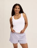 Binta has 44” hips and wears KNIX L | Lavender Stripe