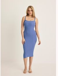 Front view of model wearing the SculptRib™ Cotton Cami Dress highlighting the neckline, fabric and hugging fit