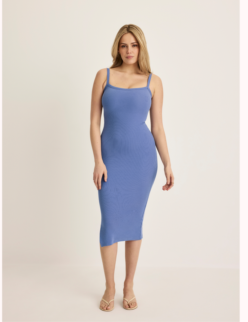 Front view of model wearing the SculptRib™ Cotton Cami Dress highlighting the neckline, fabric and hugging fit