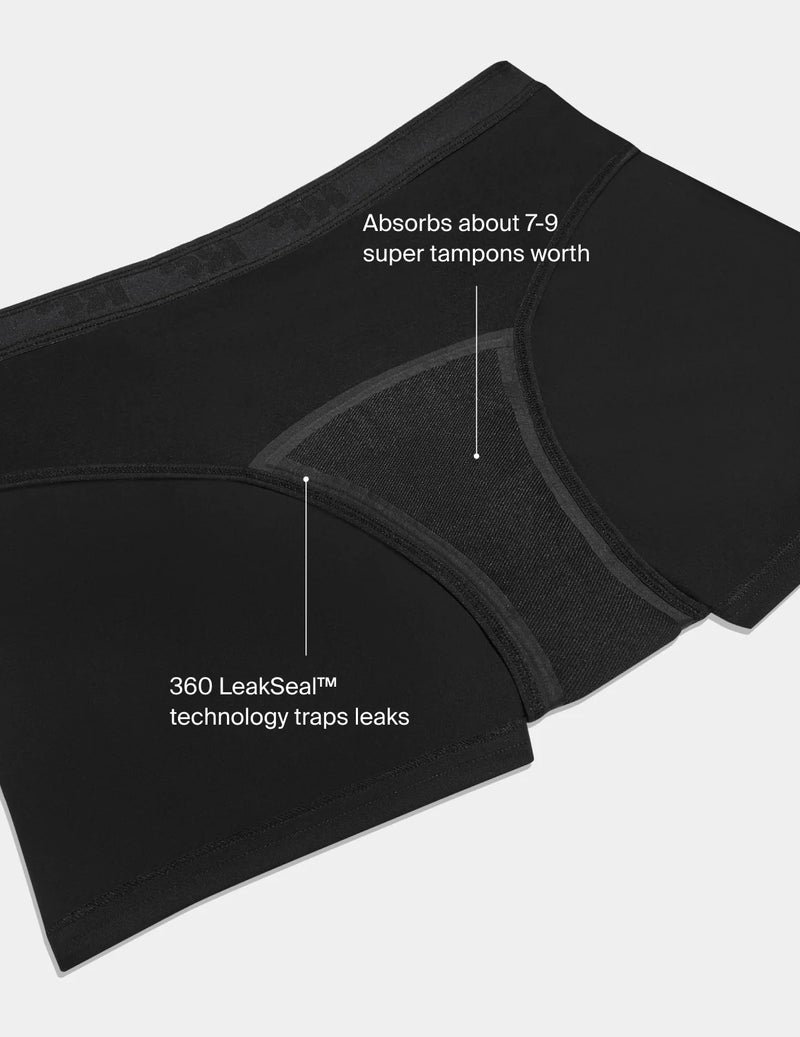 On image text: Absorbs about 7-9 super tampons worth. 360 LeakSeal technology traps leaks