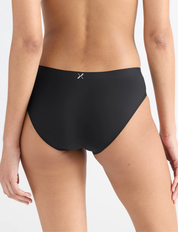 Tsanna has 34.5” hips and wearing KNIX S | Back view of model wearing the Leakproof UltraThin No-Show Bikini highlighting the coverage and smooth fit | Black