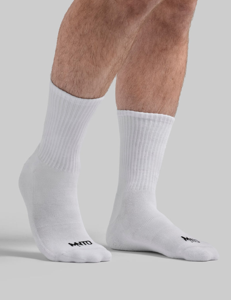View of model wearing the Men's Non-Stop Crew Socks
