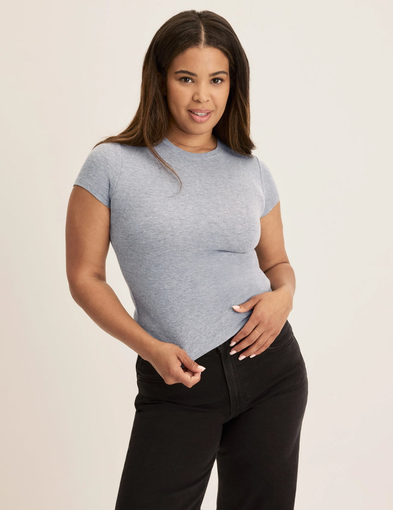 Front view of model wearing the Modal Rib T-Shirt highlighting the coverage and fit