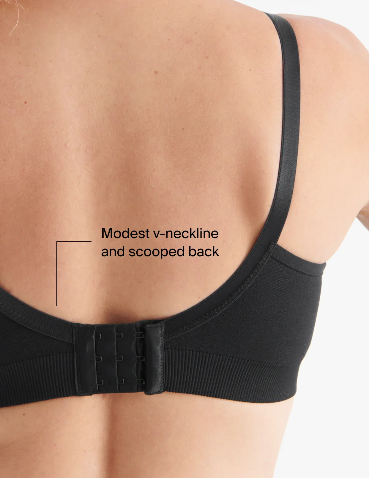 Modest v-neckline and scooped back Good to Go Seamless Bra (Black)  | General