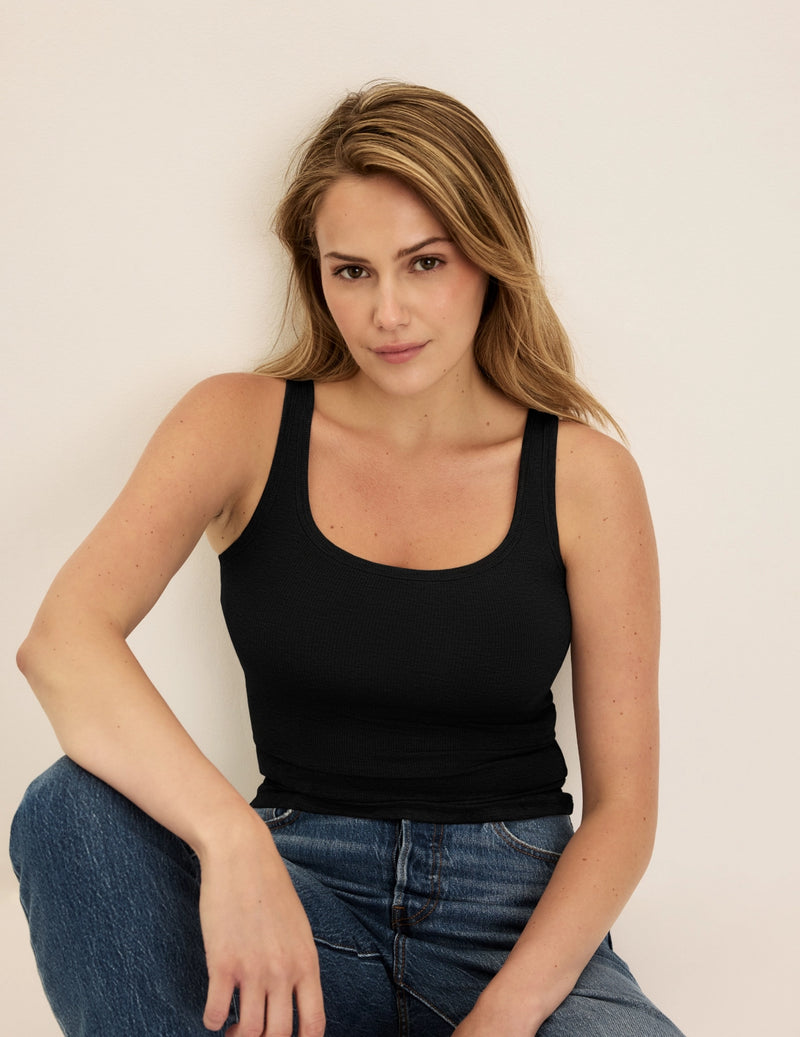 Front view of model wearing the Modal Rib Tank highlighting the coverage and fit