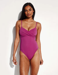 Front view of model highlighting the coverage and fit