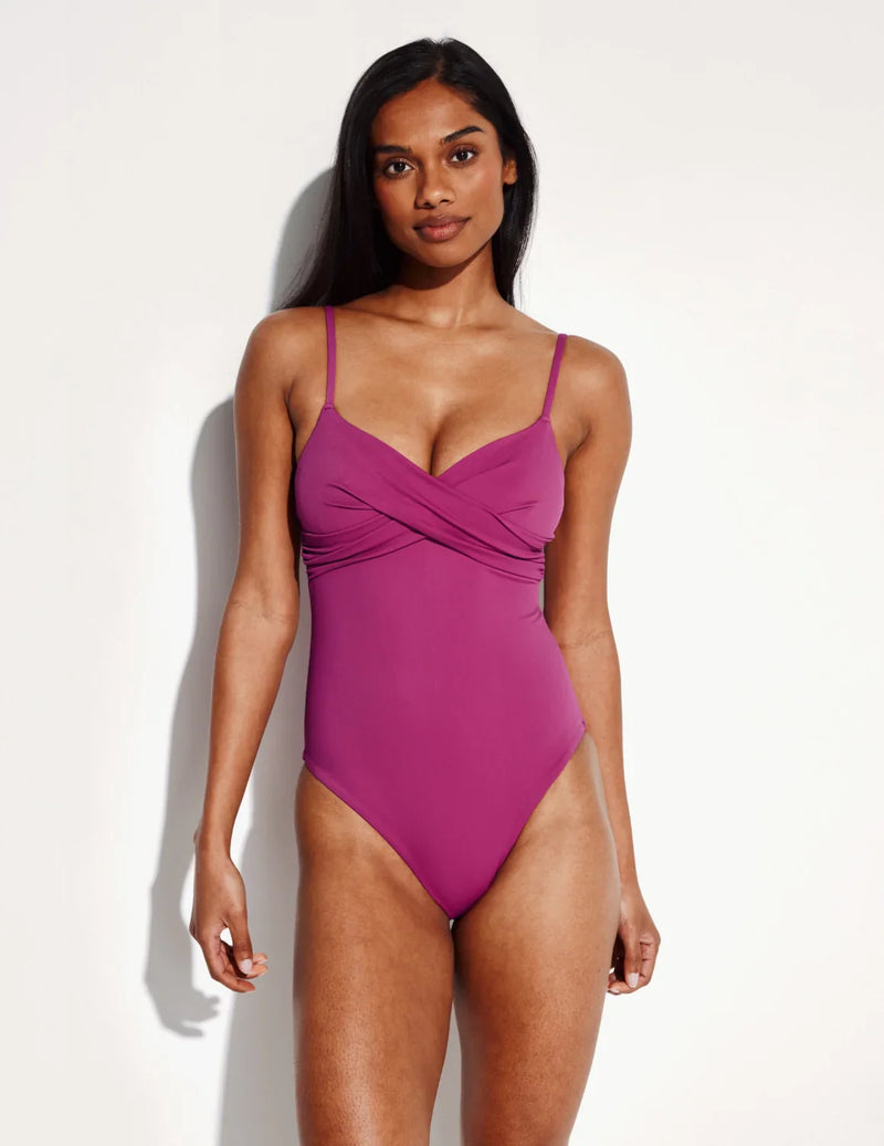 Front view of model highlighting the coverage and fit