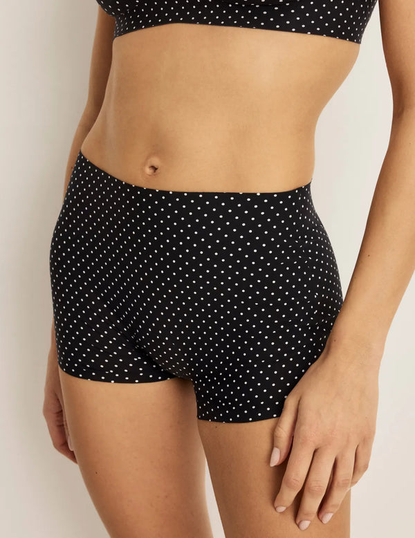 Sofia has 36.5” hips and wearing KNIX S | Front view of model wearing the Super Leakproof® Dream Short™ highlighting the coverage and smooth fit | Black with White Polka Dot